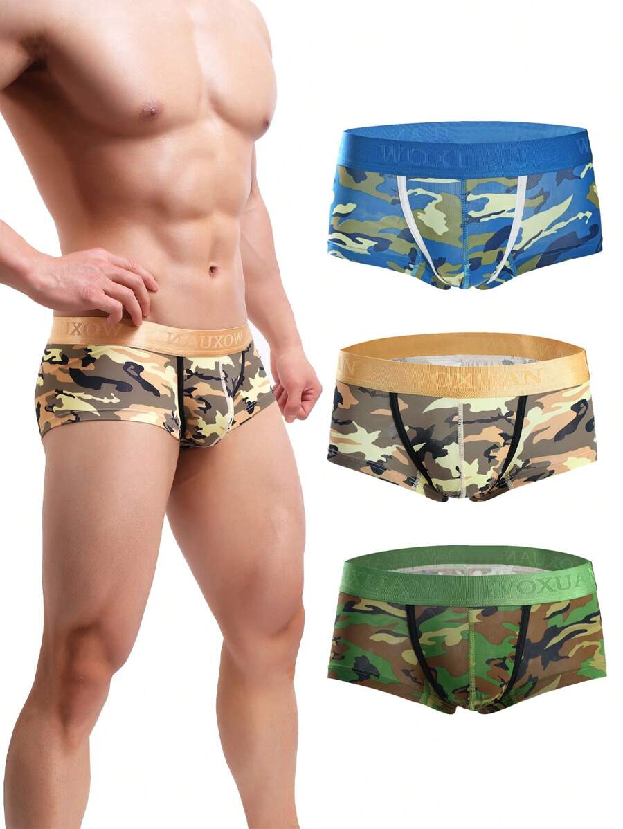 Men 3pcs Camo Print Letter Tape Waist Boxer Brief - Multicolor - View 1