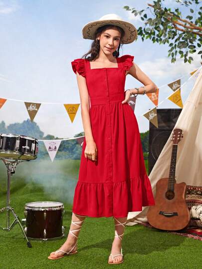 SHEIN 青少年女孩方領荷葉邊前紐扣荷葉邊連衣裙