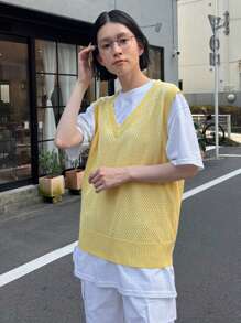 DAZY 素色V領毛衣背心不帶T恤 - 黃色 - 查看 8