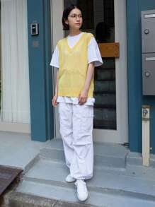 DAZY 素色V領毛衣背心不帶T恤 - 黃色 - 查看 10