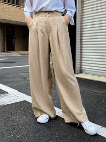 DAZY 净色褶饰亚麻长裤 - 卡其色 - 查看 3