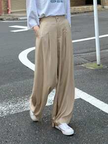 DAZY 净色褶饰亚麻长裤 - 卡其色 - 查看 1