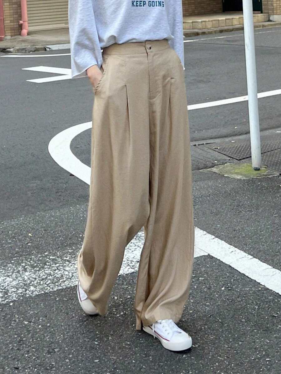 DAZY 净色褶饰亚麻长裤 - 卡其色 - 查看 1