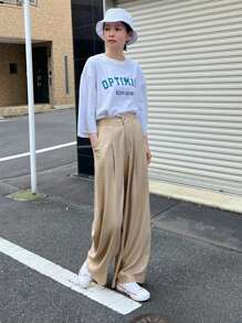 DAZY 净色褶饰亚麻长裤 - 卡其色 - 查看 7