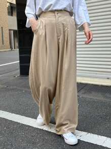 DAZY 净色褶饰亚麻长裤 - 卡其色 - 查看 8
