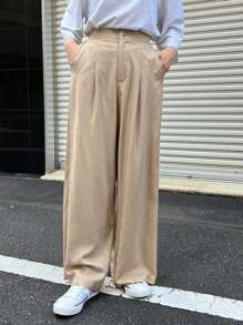 DAZY 净色褶饰亚麻长裤 - 卡其色 - 查看 6