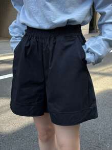 DAZY Chất rắn Túi nghiêng Quần short chân rộng - Màu xanh hải quân - Xem 3