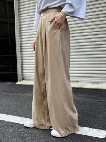 DAZY 净色褶饰亚麻长裤 - 卡其色 - 查看 10