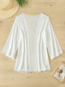 Pom Pom Trim Open Front Kimono, For Summer Beach Vacation - White - View 3
