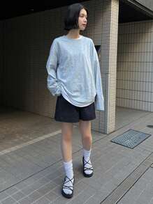 DAZY Chất rắn Túi nghiêng Quần short chân rộng - Màu xanh hải quân - Xem 4