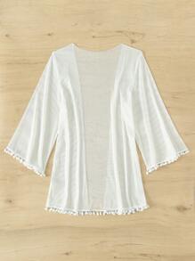 Pom Pom Trim Open Front Kimono, For Summer Beach Vacation - White - View 4