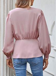SHEIN Clasi Solid Button Front Bishop Sleeve Blouse - Dusty Pink - View 2