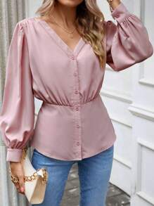 SHEIN Clasi Solid Button Front Bishop Sleeve Blouse - Dusty Pink - View 3
