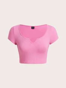 SHEIN BASICS 缺口領短款T恤 - 粉色 - 查看 1