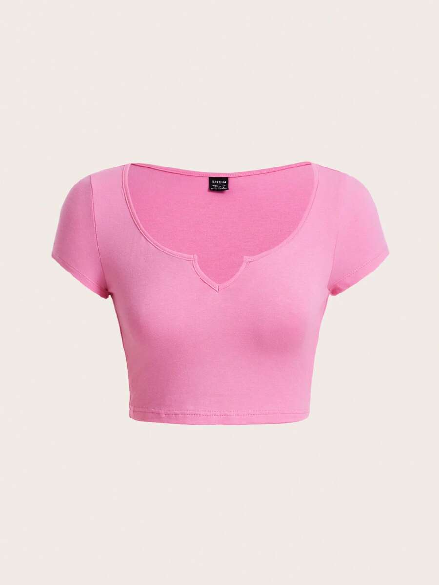 SHEIN BASICS 缺口領短款T恤 - 粉色 - 查看 1