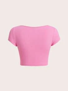 SHEIN BASICS 缺口領短款T恤 - 粉色 - 查看 2