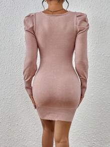 SHEIN Clasi Square Neck Gigot Sleeve Bodycon Sweater Dress - Dusty Pink - View 2