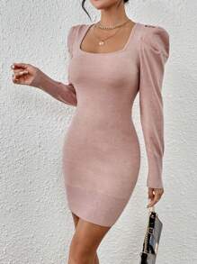 SHEIN Clasi Square Neck Gigot Sleeve Bodycon Sweater Dress - Dusty Pink - View 4