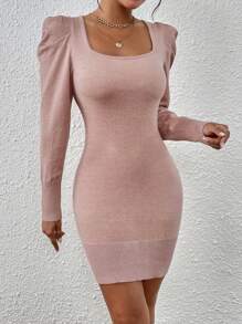 SHEIN Clasi Square Neck Gigot Sleeve Bodycon Sweater Dress - Dusty Pink - View 6