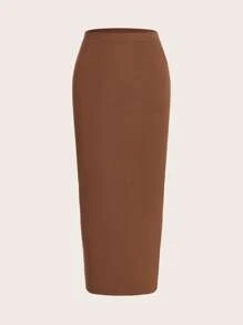 SHEIN BASICS Solid High Waist Pencil Skirt - Brown - View 1