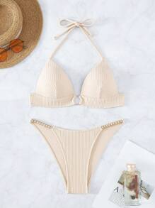 環鏈掛脖三角杯比基尼泳裝 - 米色 - 查看 3