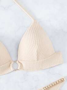 環鏈掛脖三角杯比基尼泳裝 - 米色 - 查看 4