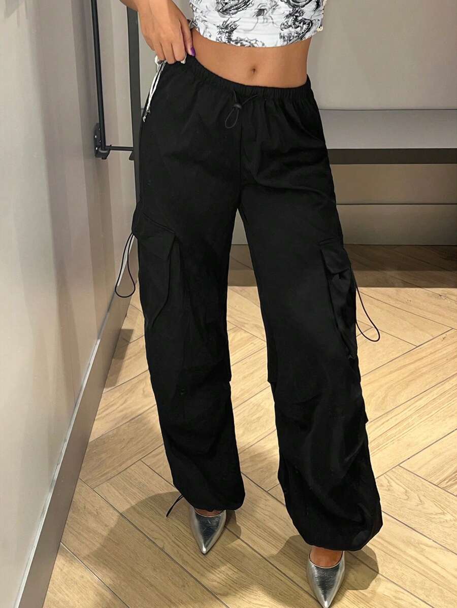 SHEIN x Carly Lawrence SHEIN ICON Flap Pocket Side Drawstring Waist Cargo Black Pants - Black - View 1