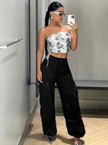 SHEIN x Carly Lawrence SHEIN ICON Flap Pocket Side Drawstring Waist Cargo Black Pants - Black - View 3