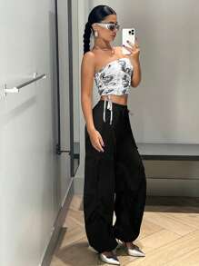SHEIN x Carly Lawrence SHEIN ICON Flap Pocket Side Drawstring Waist Cargo Black Pants - Black - View 5