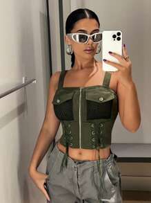 SHEIN ICON Lace Up Front Flap Pocket Zip Up Cami Top - Army Green - View 6