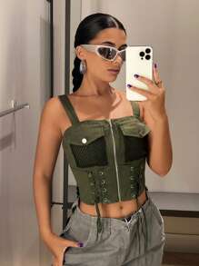 SHEIN ICON Lace Up Front Flap Pocket Zip Up Cami Top - Army Green - View 3
