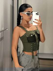 SHEIN ICON Lace Up Front Flap Pocket Zip Up Cami Top - Army Green - View 5