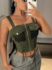 SHEIN ICON Lace Up Front Flap Pocket Zip Up Cami Top - Army Green - View 7