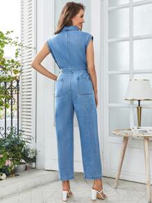 SHEIN Privé Flap Pocket Belted Denim Jumpsuit - Light Wash - View 5