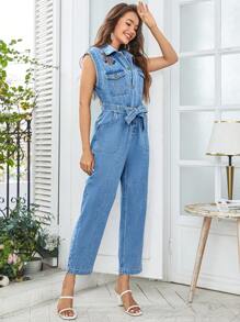 SHEIN Privé Flap Pocket Belted Denim Jumpsuit - Light Wash - View 3