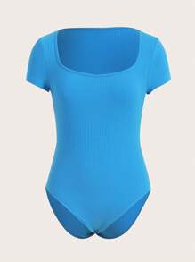 SHEIN BASICS 素色羅紋針織T恤連體衣 - 藍色 - 查看 1