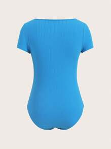 SHEIN BASICS 素色羅紋針織T恤連體衣 - 藍色 - 查看 2