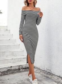 SHEIN LUNE Striped Off Shoulder Split Hem Bodycon Dress Maxi Women Outfit - Black and White - View 4