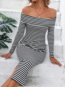 SHEIN LUNE Striped Off Shoulder Split Hem Bodycon Dress Maxi Women Outfit - Black and White - View 6