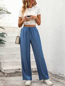 SHEIN Essnce Solid Tie Waist Wide Leg Pants - Blue - View 1