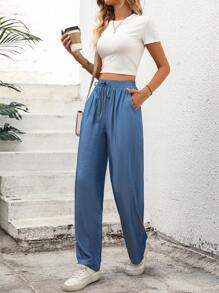 SHEIN Essnce Solid Tie Waist Wide Leg Pants - Blue - View 4