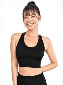 SHEIN Sports Áo lót thể thao Nữ Hội Chữ thập màu trơn - màu đen - Xem 2