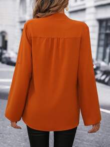 SHEIN LUNE Roll Tab Sleeve Wrap Knot Side Blouse - Burnt Orange - View 2