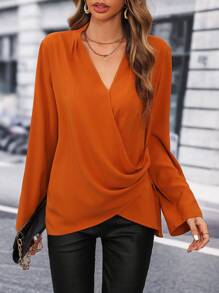 SHEIN LUNE Roll Tab Sleeve Wrap Knot Side Blouse - Burnt Orange - View 5