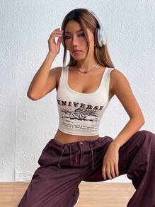 SHEIN ChicEase 字母圖案短款背心 - 杏色 - 查看 5