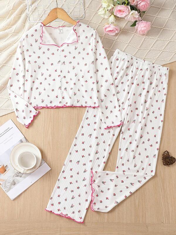 女大童碎花T恤和褲子睡衣套裝