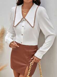 SHEIN Frenchy Contrast Trim Statement Collar Puff Sleeve Shirt Winter White - White - View 4