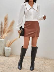 SHEIN Frenchy Contrast Trim Statement Collar Puff Sleeve Shirt Winter White - White - View 6