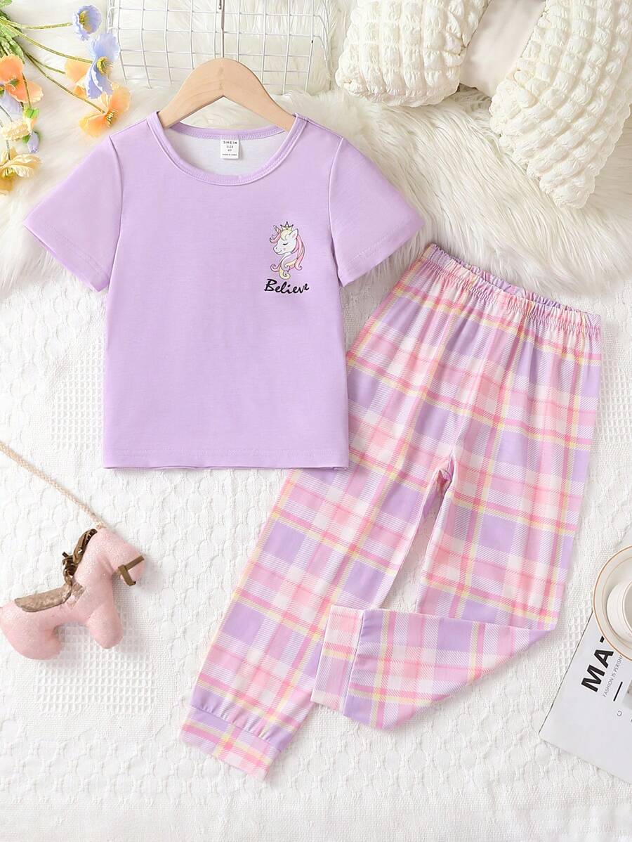 女小童卡通圖案T恤&格紋長褲睡衣套裝 - 紫色 - 查看 1