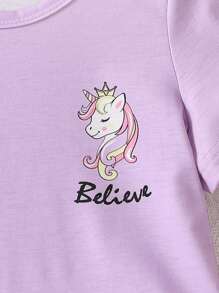 女小童卡通圖案T恤&格紋長褲睡衣套裝 - 紫色 - 查看 3